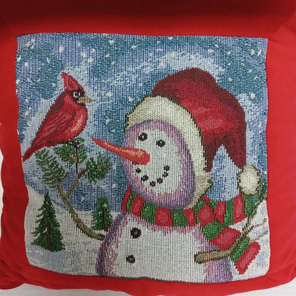 🐦☃️❄️Vintage Snowman Cardinal Christmas Throw Pillow Red Gingham Reversible 15